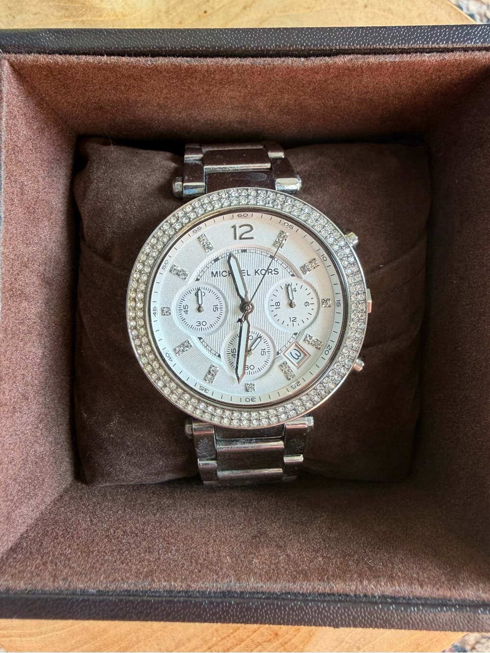 Michael Kors Silver and White Crystal-Accent Chronograph Watch